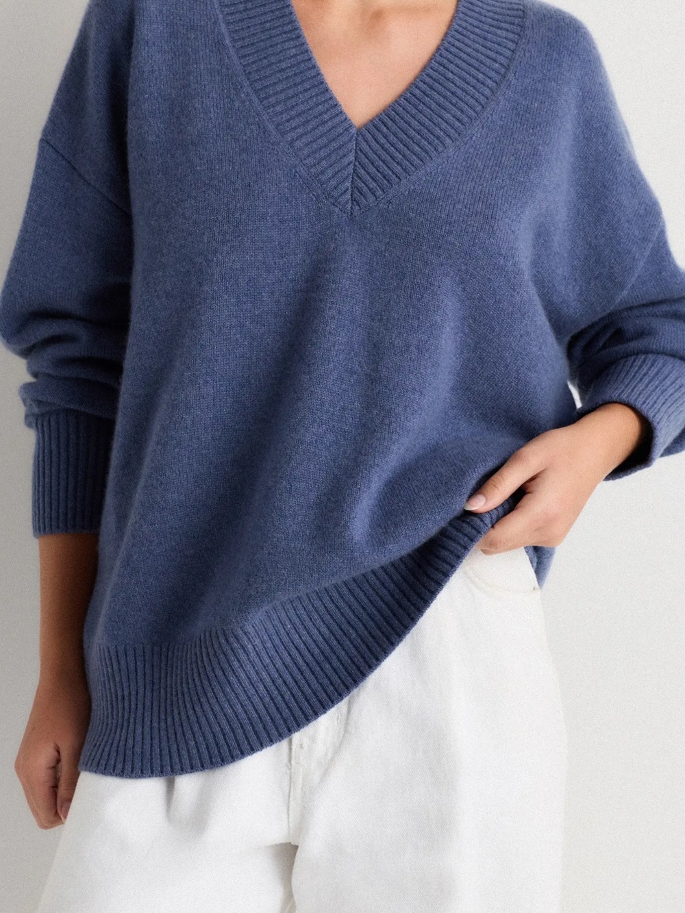 Quince Mongolian Cashmere Oversized V Neck Sweater Heather Storm Blue